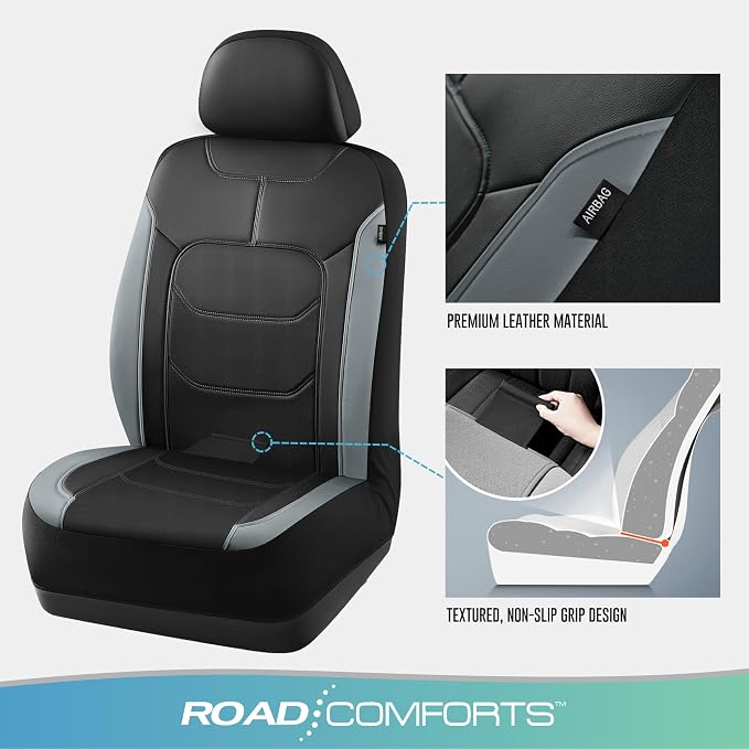 Road Comforts Seat Covers, Premium Leather Car Seat Covers Full Set,Airbag Compatible, Automotive Seat Covers Universal Fit Most Cars,Vans,Truck,SUV, Grey