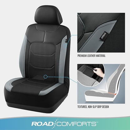 Road Comforts Seat Covers, Premium Leather Car Seat Covers Full Set,Airbag Compatible, Automotive Seat Covers Universal Fit Most Cars,Vans,Truck,SUV, Grey