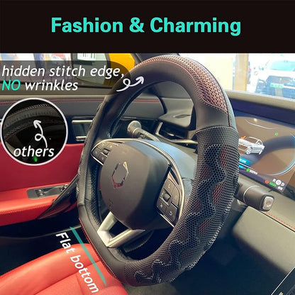 PINCTROT D Shaped 14.5-15 Inch Steering Wheel Cover Great Grip with 3D Honeycomb Anti-Slip Design, Flat Bottom 14.5-15 Inch (Wine Red)