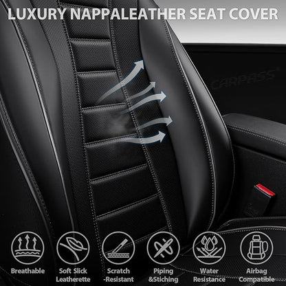 CAR PASS Universal Fit Piping Leather Seat Covers for Cars SUV Trucks, Waterproof Nappa Leather Car Seat Covers Full Set, 3D Foam Cushions Seat Cover Luxury&Comfort&Durable Airbag Compatible, Black