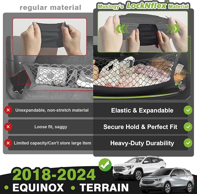 Muslogy Truck Bed Cargo Net Trunk Netting Compatible with 2018-2024 Chevy Equinox | GMC Terrain Accessories, Pickup Cargo Organizer SUV Sedan Storage Net w/Heavy Duty Carabiners