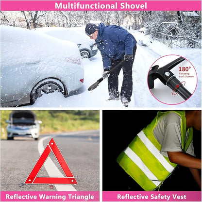 Car Emergency Kit with Portable Air Compressor - Roadside Assistance Emergency Kit with Jumper Cables, First Aid Kit, Auto Tool Set, Winter Safety Kit for Women, Men, Teen (Pink)