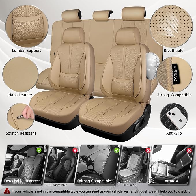 CAR PASS Nappa Leather Seat Covers Full Set, 3D Foam Faux Leather Car Seat Covers with Lumbar Support, Water Resistant Comfort & Universal Fit for Cars SUV Truck Most Vehicles, All Beige