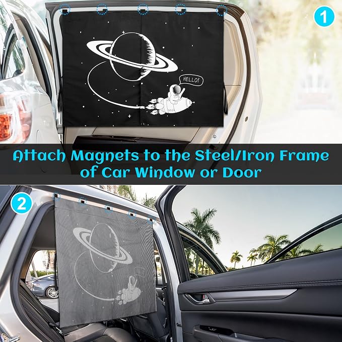 Magnetic Car Window Shades, 2 Packs Car Sun Shades for Baby, 2 Layers for Blackout/See Through Options Space Pattern Side Window Curtain for Kids Heat/UV Blocker
