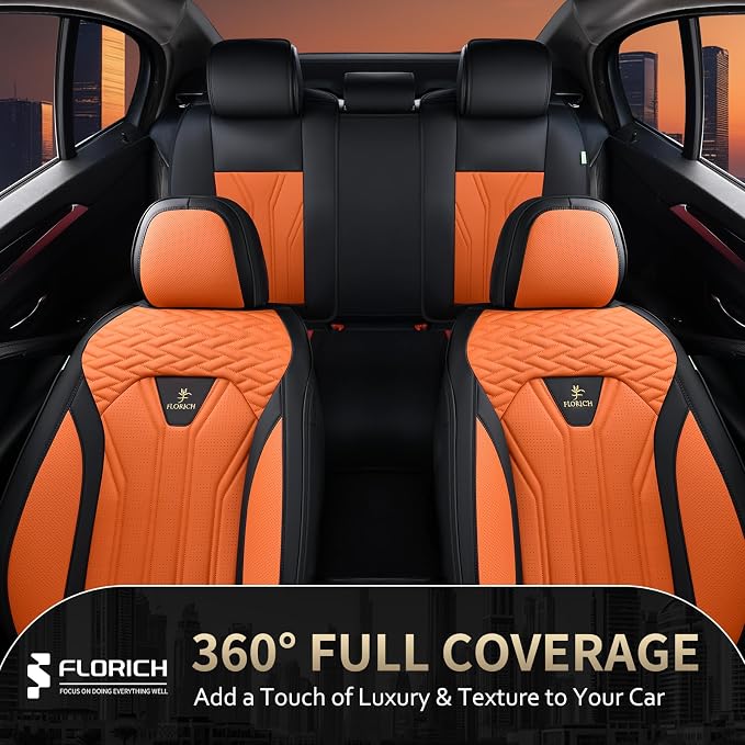 FLORICH Leather Seat Covers, Car Seat Covers Full Set, Car Seat Protectors 5 Seats, Automotive Seat Covers Driver Seat Covers Fit for Most Cars Trucks SUV-Black&Orange