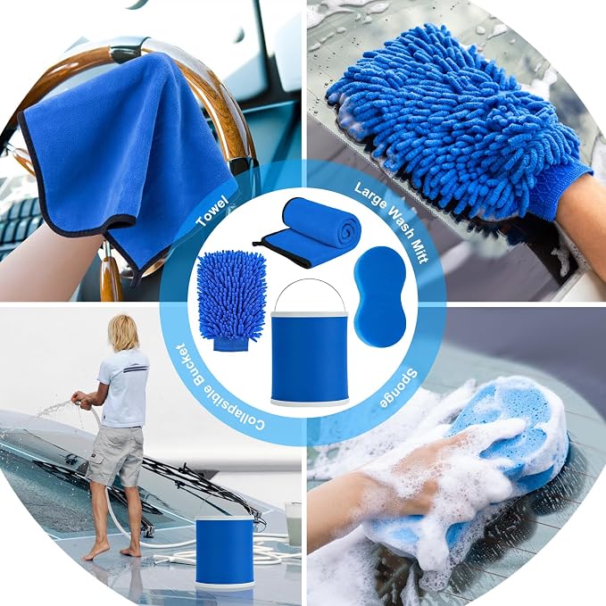 12Pcs Boat Wash Cleaning Kit with Collapsible Bucket Wash Sponge Mitt Microfiber Towel Squeegee Scrub Pads Brushes Complete Interior Exterior Cleaning Set for Boat