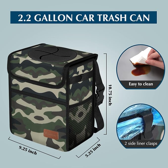 Car Trash Can Leak Proof Car Trash Bag Waterproof Car Garbage Can with Lid for SUV Front Seat Multipurpose Car Hanging for Headrest Collapsible and Portable with Storage Mesh Pocket– Camouflage