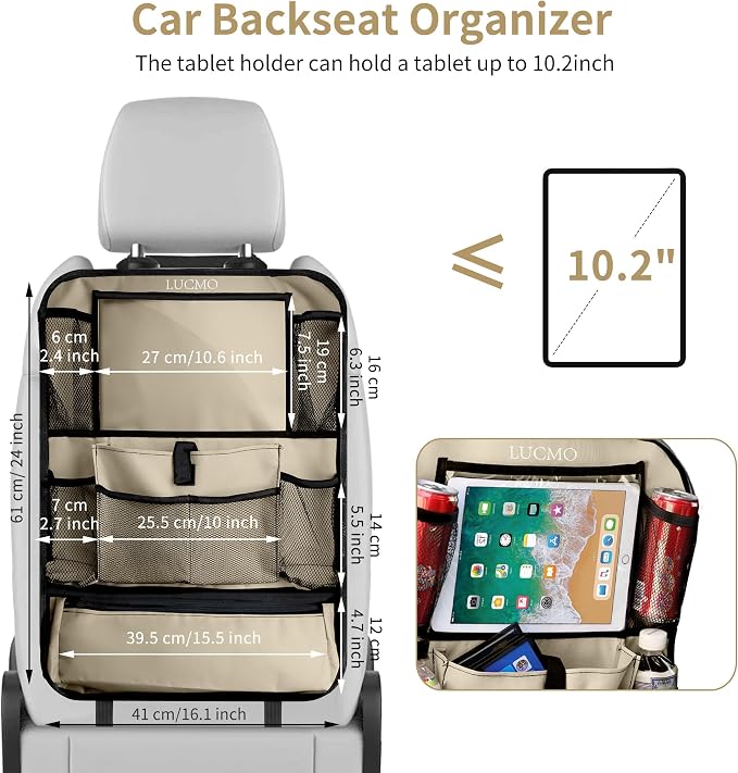 LUCMO Car Backseat Organizer with Touch Screen Tablet Holder-2 Pcs,9 Storage Pockets Car Storage Organizer Protectors Kick Mats Travel Accessories for Kids-Beige