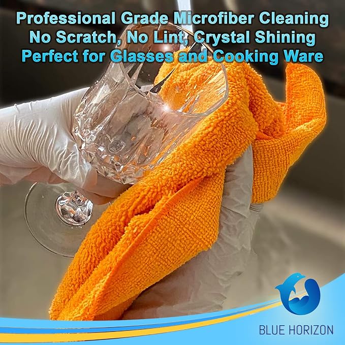 Blue Horizon Microfiber Cleaning Towels, Pack of 24, Ultra Soft Plush Washcloth, All Purpose Premium Microfiber Detailing Cleaning Cloths Reusable Shop Towels (16" x 16", Orange)