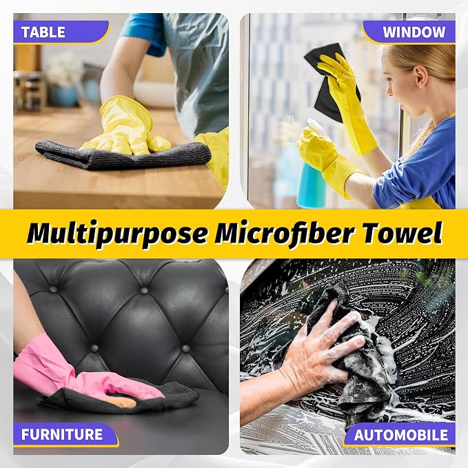 Microfiber Cleaning Cloth, 150 Pack Black Cleaning Rags Microfiber Towel Bulk Absorbent Lint-Free Wash Cloths, All-Purpose Towels for Cars, Shop, Automotive, Garage, Home & Kitchen