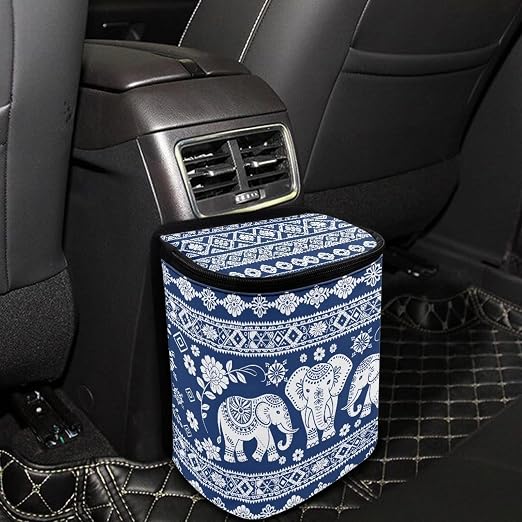 Talayituse Boho Mandala Elephant Print Car Trash Can with Lid, Leak Proof Auto Trash Bag Hanging Vehicle Garbage Can Multipurpose Storage Container for Back Seat Road Trip