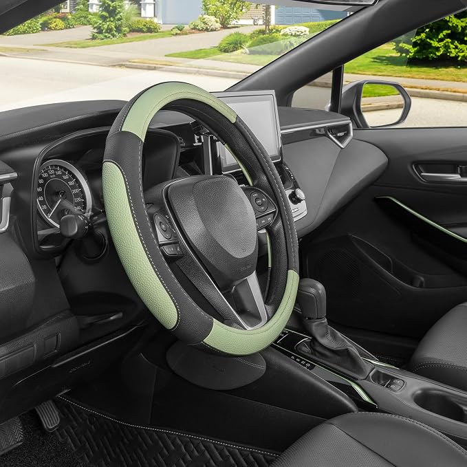 SEG Direct Steering Wheel Cover for Car, Standard Size 14.5-15 inch, Auto Interior Accessories, Black and Pastel Green