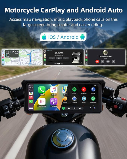 8.1 Inch 4K Motorcycle CarPlay Screen w 4K Dash Cam Wireless Carplay Android Auto Screen for Motorcycle with GPS Navigation Voice Control WiFi Video Dual Bluetooth IPX7 Waterproof Wired Control