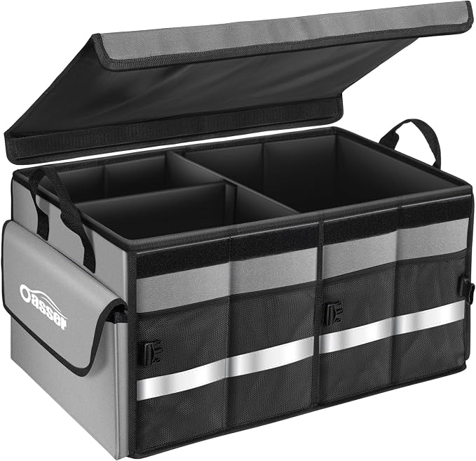 Oasser Car Trunk Organizer Collapsible Multi Compartments SUV Trunk Organizer with Reflective Strip Foldable Cover