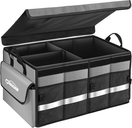Oasser Car Trunk Organizer Collapsible Multi Compartments SUV Trunk Organizer with Reflective Strip Foldable Cover