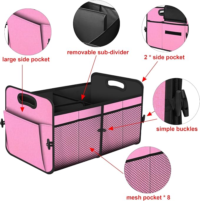 Femuar Car Trunk Organizer,Car Storage Organizer with 72L Large Capacity Waterproof Collapsible and 11 Pockets,Trunk Organizer for Car Suv/Jeep/Sedan, Large Size, Pink