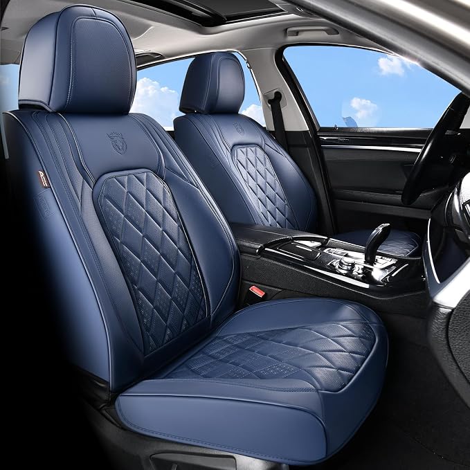 Coverado Car Seat Covers, Front Seat Cover, 2 Pack Luxury Faux Leather Seat Covers for Cars, Waterproof Car Seat Protector, Blue Car Seat Cover, Universal Car Seat Protectors Fit for Most Cars