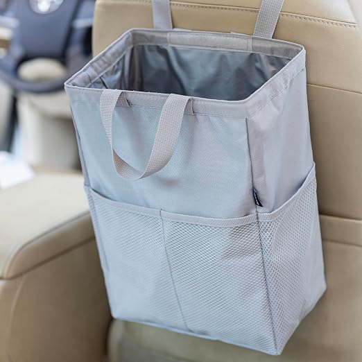 Ginsco New Leak-Proof Travel Car Trash Bag, 3.5 Gallons Large Capacity Hanging Car Trash Can with Hook and Loop Lid and Handle, Multipurpose Trash Bin with Storage Pockets for SUV RV, Atomic Silver
