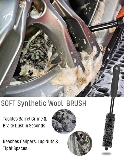 oesee 8PCS Pro Wheel Cleaning Kit - Synthetic Wool Brushes, Detailing Brush, Tire Brush, Wash Mitt, Drying Towel & Carry on Bag - Scratch-Free Rim Cleaning Kit