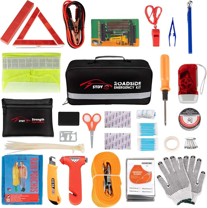STDY Car Roadside Emergency Kit, Vehicle Truck Safety Road Side Assistance Kits Auto Accessory, with Jumper Cables, Tow Rope, Reflective Triangle, Tire Pressure Gauge, etc