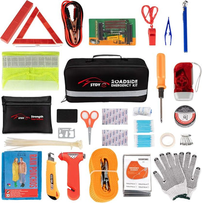 STDY Car Roadside Emergency Kit, Vehicle Truck Safety Road Side Assistance Kits Auto Accessory, with Jumper Cables, Tow Rope, Reflective Triangle, Tire Pressure Gauge, etc
