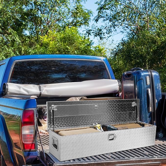 VEVOR Heavy Duty Aluminum Truck Bed Tool Box, Diamond Plate Tool Box with Side Handle and Lock Keys, Storage Tool Box Chest Box Organizer for Pickup, Truck Bed, RV, Trailer, 48"x15"x15", Silver