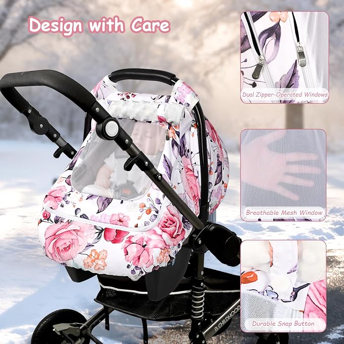 Winter Car Seat Cover Baby with Sunshade & Dual Zipper Windows - Minky Bubble Lined Windproof Soft Shell, Warm Newborn Car Seat Canopy Covers, Elastic Bottom for Stroller & Infant Car Seat, Floral