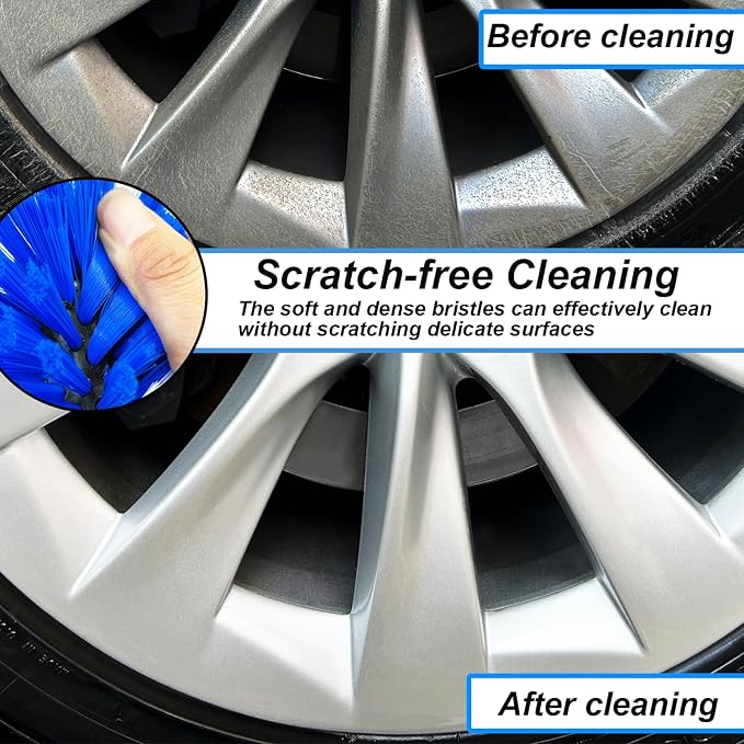 Wheel Brush Kit, Soft Drill Wheel Cleaner Brush, No Scratches Highly Dense Car Cleaning Brush Set for Wheels, Rims, Engines, Exhaust(Blue/White,2Pcs)
