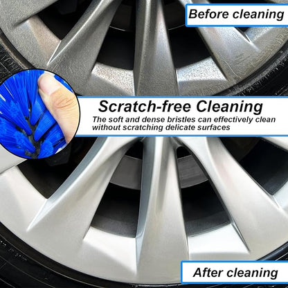 Wheel Brush Kit, Soft Drill Wheel Cleaner Brush, No Scratches Highly Dense Car Cleaning Brush Set for Wheels, Rims, Engines, Exhaust(Blue/White,2Pcs)