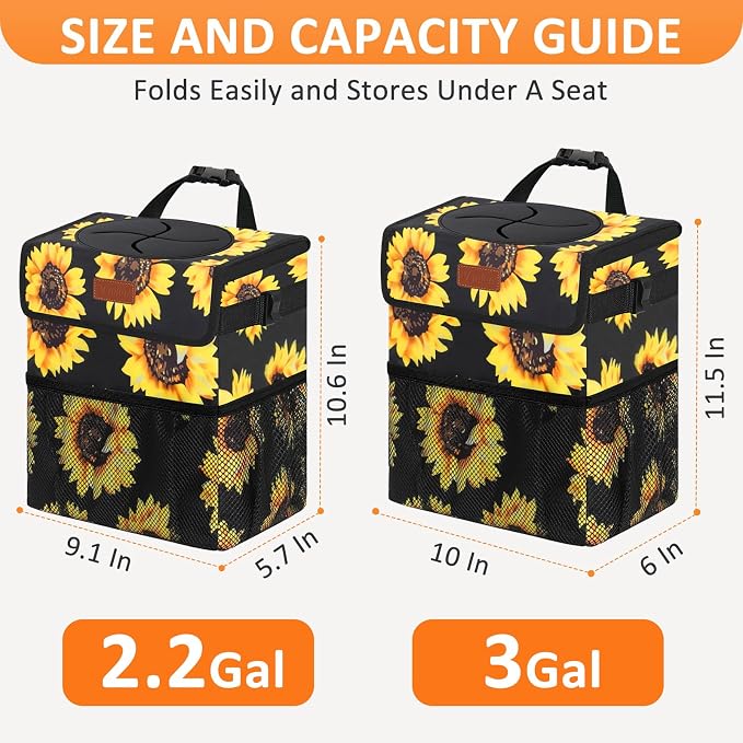 Vankor 3 Gallons Car Trash Can with Lid, Car Bag Bin Hanging Waterproof Automotive Garbage Cans Leak Proof Vehicle Trash Can Sunflower
