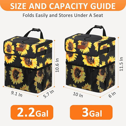 Vankor 3 Gallons Car Trash Can with Lid, Car Bag Bin Hanging Waterproof Automotive Garbage Cans Leak Proof Vehicle Trash Can Sunflower
