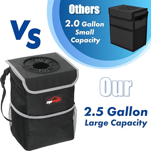 EPAuto Waterproof Car Trash Can with Lid and Storage Pockets, 2.5 Gallon, Black