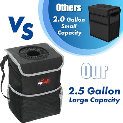EPAuto Waterproof Car Trash Can with Lid and Storage Pockets, 2.5 Gallon, Black