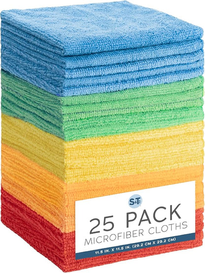 S&T INC. 25 Pack Microfiber Cleaning Cloth, Bulk Towels for Home, Reusable Microfiber Towels for Cars, Cleaning Rags, Assorted, 11.5 Inches x 11.5 Inches, 25 Count