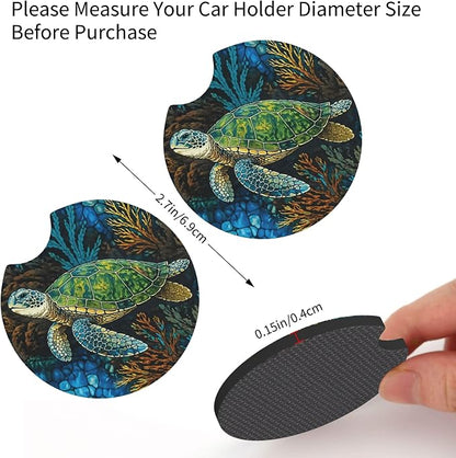 Sea Turtle Steering Wheel Cover + 2 Cup Coasters - Neoprene Non-Slip, Breathable Elasticity Universal Fit 14.5-15.6 Inch for Cars/Trucks/SUV - Car Interior Decoration
