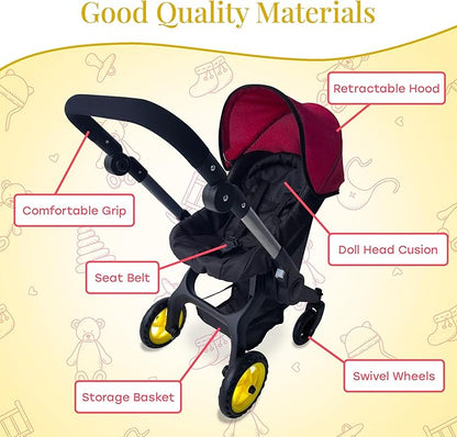 Baby Doll Car Seat Stroller Combo – Convertible 2 in 1 Doll Stroller and Car Seat for Kids – Fits Up to 20” Dolls – Play Toy Baby Stroller with Adjustable Handle for Girls Toddlers All Ages (Maroon)