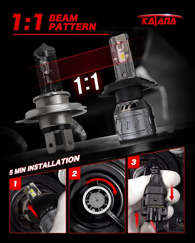 Katana H4 Bulbs, 9003 Light Bulb 400% Brightness 6500K Xenon White Extremely Super Bright Plug and Play Mini Size Fog Light,Pack of 2