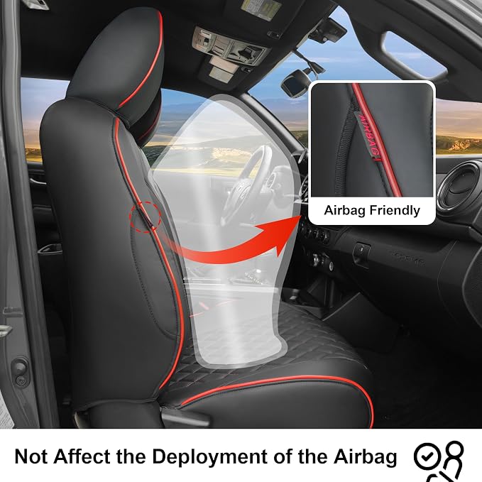 Lolcar Custom Fit Tacoma Car Seat Covers for Select Toyota Tacoma 2016 2017 2018 2019 2020 2021 2022 2023 Double Cab/Crew Cab -Full Set,Leather (Red Grid)
