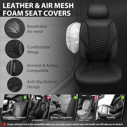 CAR PASS 3D Foam Mesh Leather Car Seat Covers Full Set,Breathable Mesh Faux Leather Seat Covers for Car,Universal Fit for SUV Truck Sedan Automotive, Armrest Airbag Compatible,Black