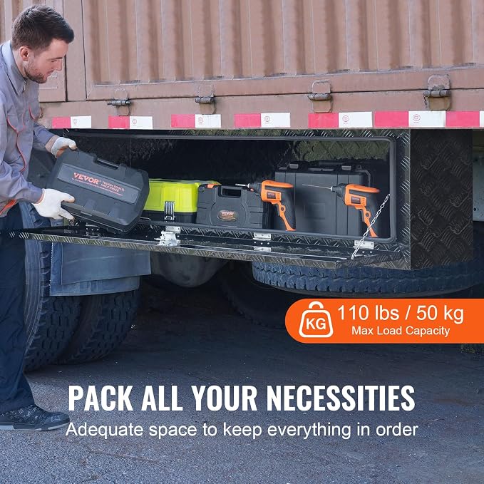 VEVOR Underbody Truck Box, 60" x 17" x 18" Pickup Storage Box, Heavy Duty Aluminum Diamond Plate Tool Box with Lock and Keys, Waterproof Trailer Storage Box with T-Handle Latch for Truck, Van, Trailer