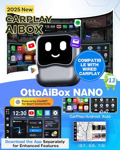 OTTOCAST Wireless CarPlay AI Box Nano, Android 13, 8GB RAM + 128GB Storage, AI Voice Assistant, SIM/Micro SD Support, Split-Screen, Android Auto Compatible