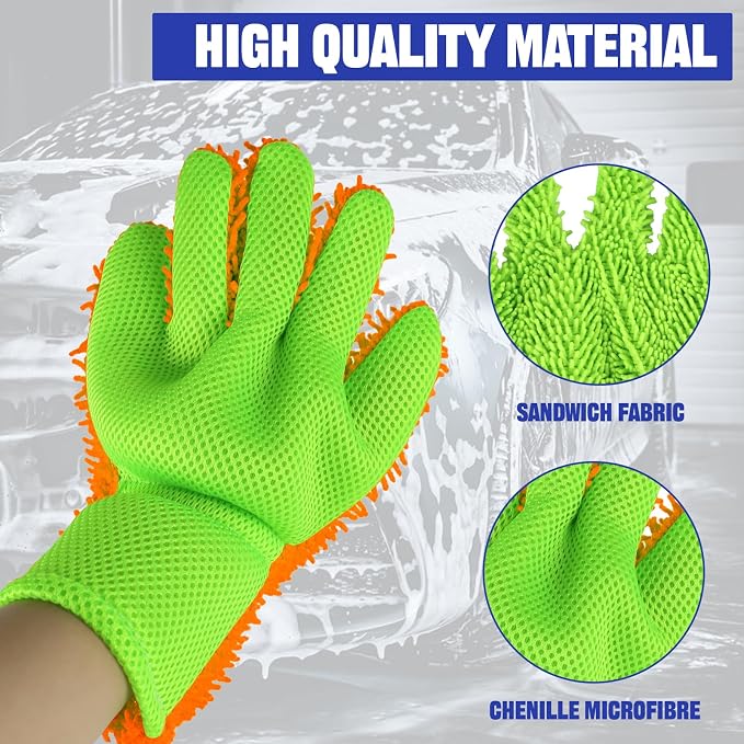 2PCS Car Wash Mitt, 5 Finger Chenille Microfiber Cleaning Mitt for Cars, Scratch-Free Auto Washing Gloves, Car Interior Exterior Cleaning Gloves, Great for Hard-to-Reach Areas (Orange)