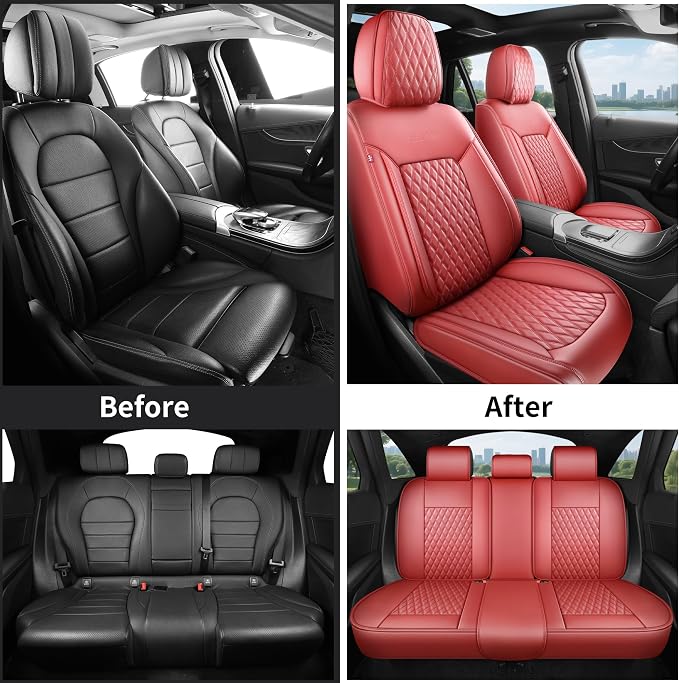 Burgundy Leather Seat Covers for SUV Full Set,Contoured Universal Precision Fit Heavy-Duty Nappa Leather Automotive Seat Covers for Cars,Style1 Wine Red