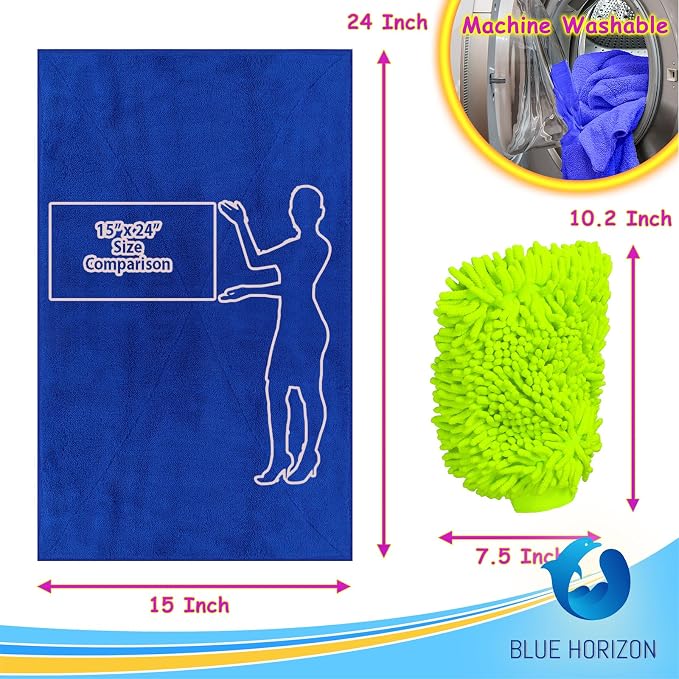 Microfiber Fingers Dusting & Cleaning Mitt and Large Towel Set, Machine Washable, Highly Absorbent Car Detailing Cleaner for Drying, Washing and Wax Polishing (1 Green Mitt, 1 Blue Towel)