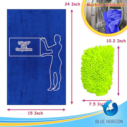 Microfiber Fingers Dusting & Cleaning Mitt and Large Towel Set, Machine Washable, Highly Absorbent Car Detailing Cleaner for Drying, Washing and Wax Polishing (1 Green Mitt, 1 Blue Towel)