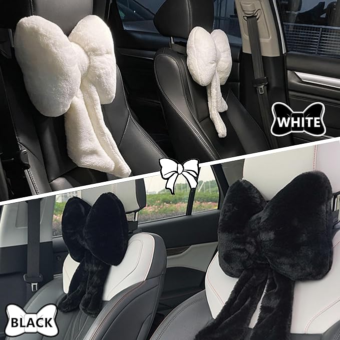 Car Neck Pillow 2PCS Plush Bowknot Car Headrest Pillow – Comfortable Neck Support for Driving Soft Touch Fabric Car Pillow Cute Interior Decor (Black)