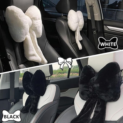 Car Neck Pillow 2PCS Plush Bowknot Car Headrest Pillow – Comfortable Neck Support for Driving Soft Touch Fabric Car Pillow Cute Interior Decor (Black)