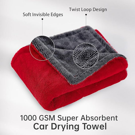 LIVOS Extra Large Car Drying Towel, 25" x 36" 1000GSM Microfiber Towels for Cars, Ultra-Absorbent Scratch-Free, No Streak, Professional Quick Dry Car Detailing Towel, Red&Grey