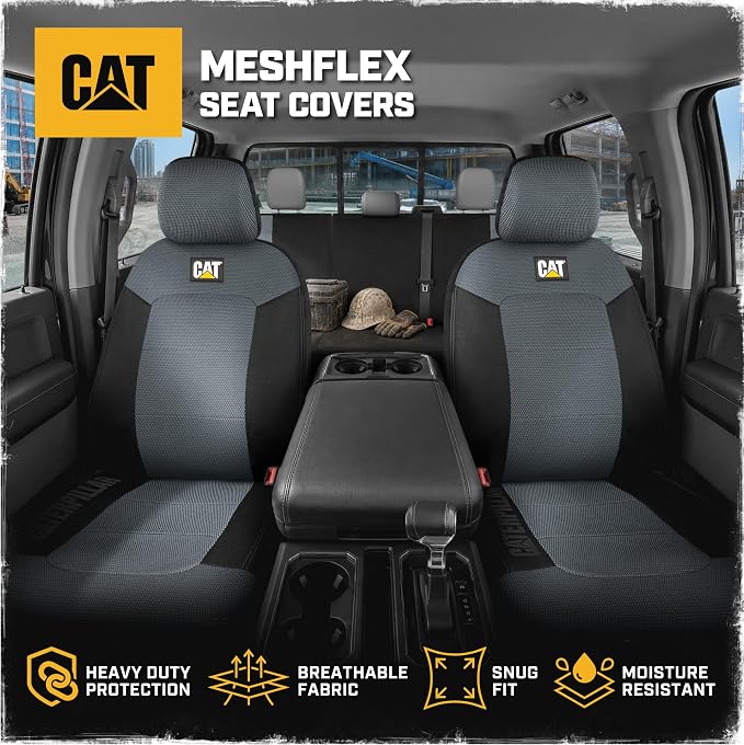 CAT MeshFlex Seat Covers Full Set for Full-Size Pickup Trucks Only - Gray | Front Bucket Seat Covers & 60/40 Split Rear Bench Protector – Interior Accessories For F-150, Silverado, Ram, Sierra & Tundra