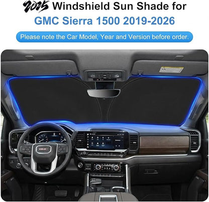 Sun Shade for 2019-2024 2025 2026 GMC Sierra 1500 2500 3500 SLT, AT4, Denali Pickup Accessories Windshield Sunshade Cover Front Window Shade Fit Sierra 1500 Sun Visor Protector Foldable Blocks UV Rays